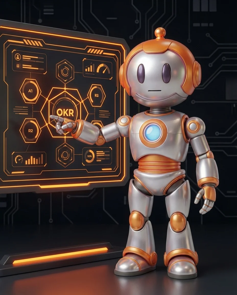 Robot zeigt auf Zielsetzungs-Board mit OKR-Struktur für Unternehmensplanung