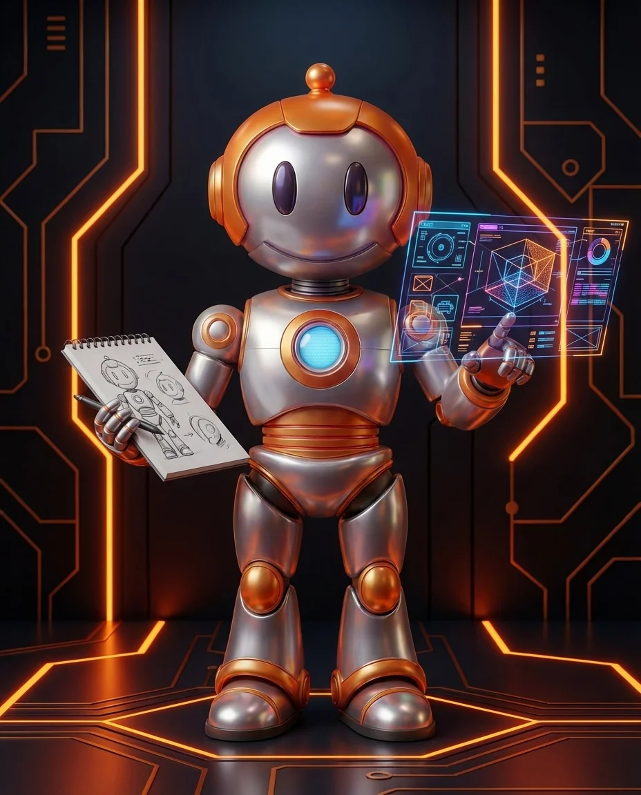 Robot zeigt auf lange vertikale Website-Sektion mit Scroll-Indikator