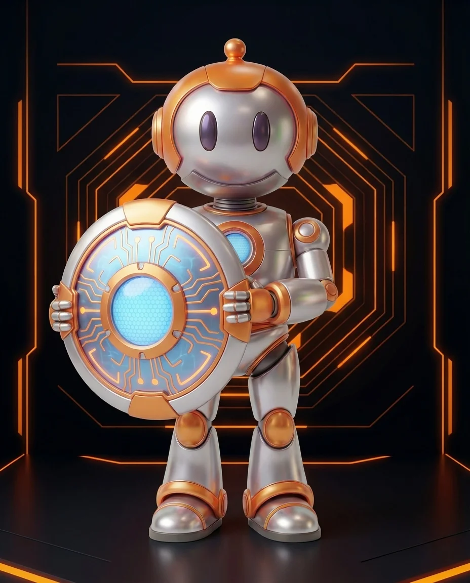 Roboter hält Schild und schützt Online-Shop vor Betrug