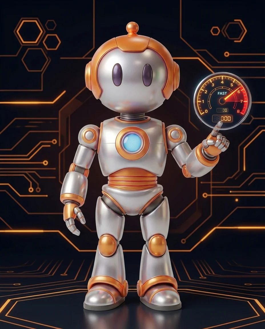 Roboter mit Stoppuhr analysiert Online-Shop Ladezeit und Performance