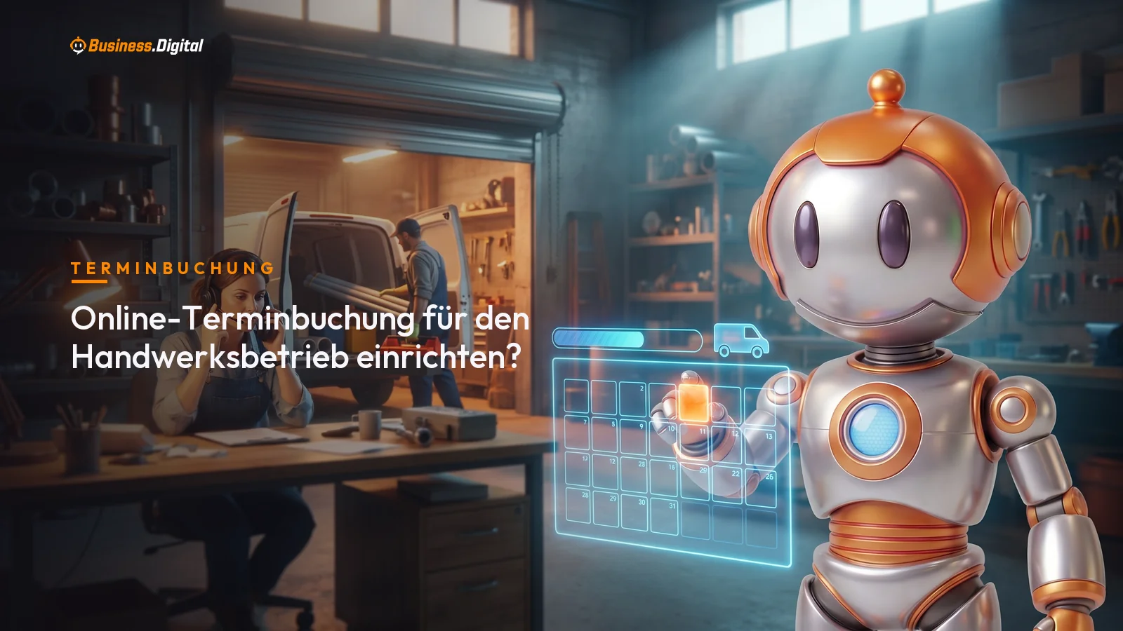 Roboter setzt einen Termin in einen Hologramm-Kalender zur Online-Terminbuchung im Handwerk