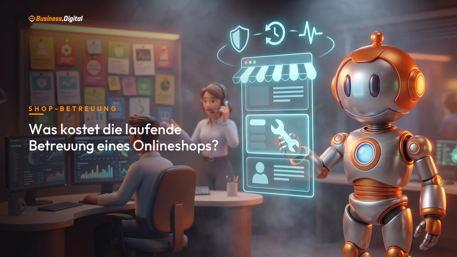 Roboter betreut einen Onlineshop als Hologramm mit Support-Stufen im Agentur-Supportraum
