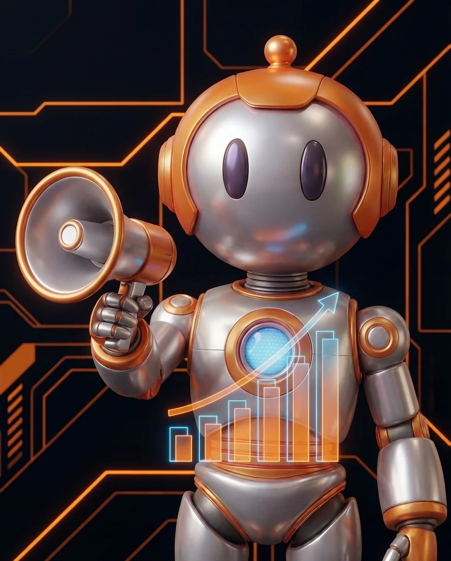 Robot zeigt auf ein E-Mail-Statistik-Dashboard mit Open Rate Kennzahlen