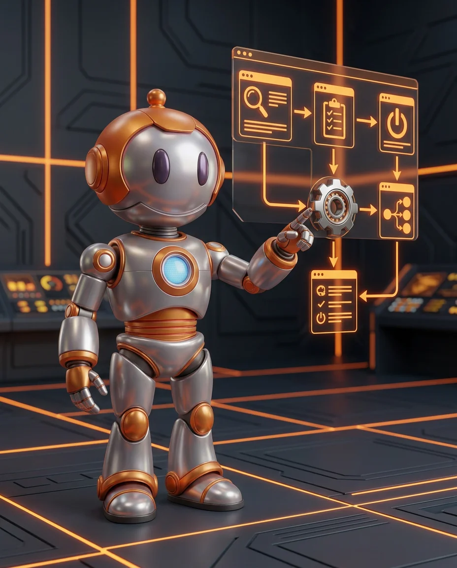 Robot tippt auf Tastatur mit Datenbankzylinder und Codeobjekten als ORM-Darstellung