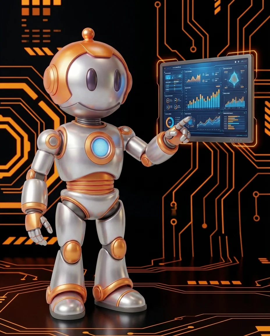 Robot zeigt auf eigene Website, Newsletter und Social Media als Owned Media Kanäle