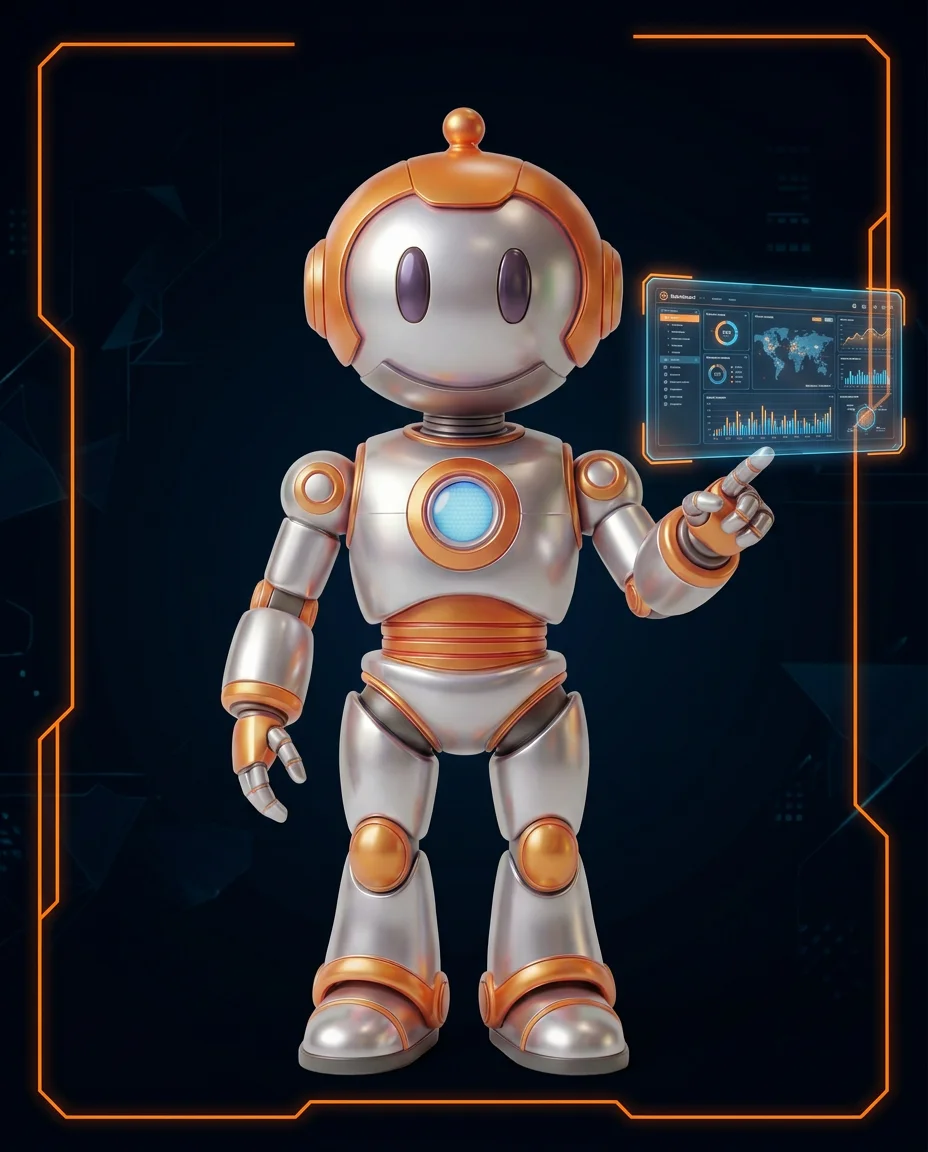 Robot zeigt auf schwebende Ebenen-Grafik mit unterschiedlichen Scroll-Geschwindigkeiten