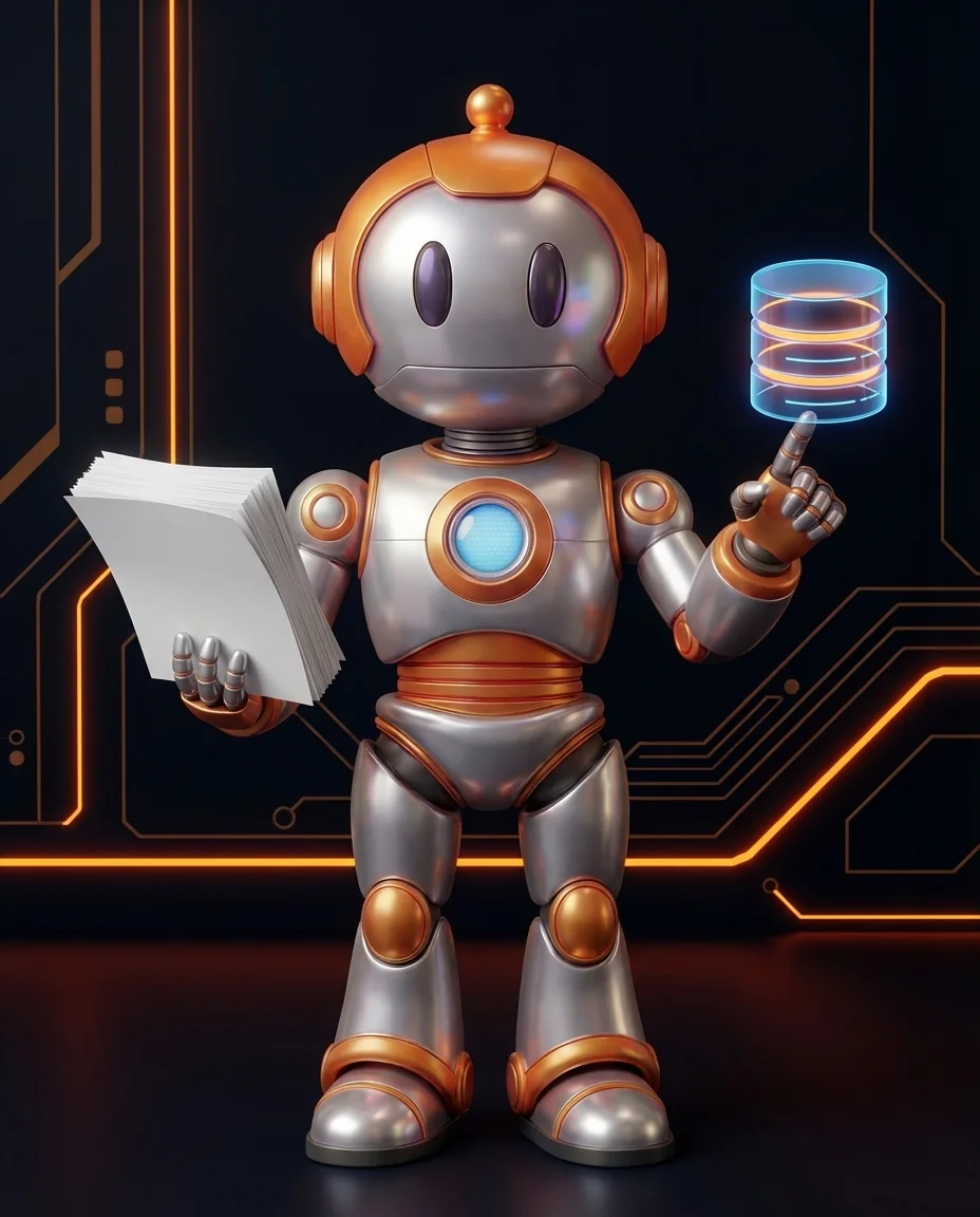 Robot zeigt auf zwei parallele Datenbankserver mit Vergleichspfeilen als Parallelbetrieb