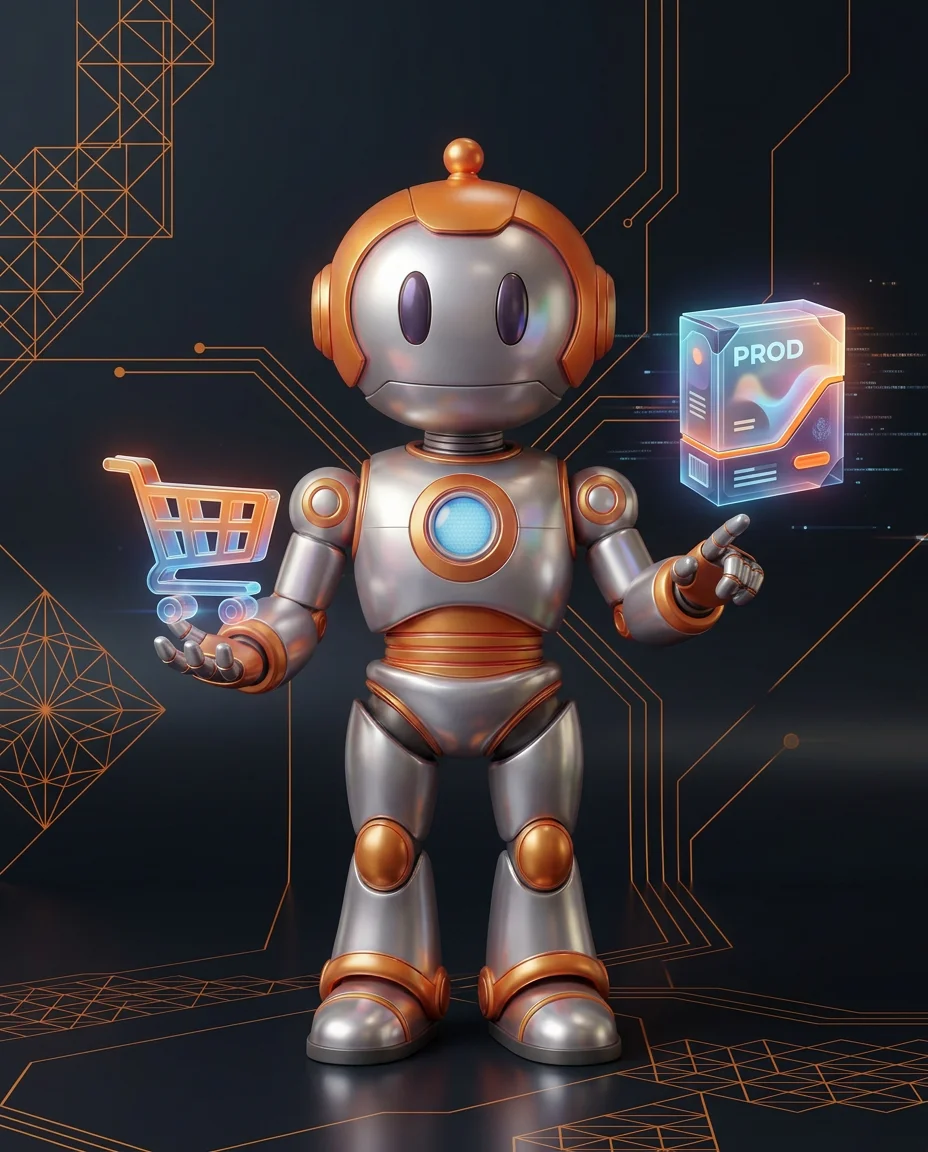 Robot hält Kreditkarte und Smartphone mit verschiedenen Zahlungs-Icons