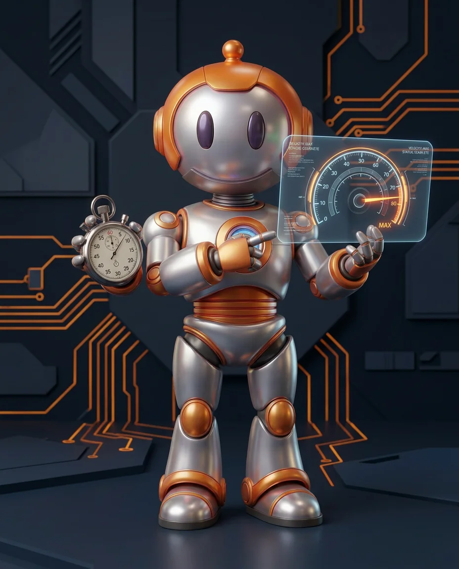 Robot zeigt auf ein Performance-Marketing Dashboard mit Klicks und Conversion-Daten