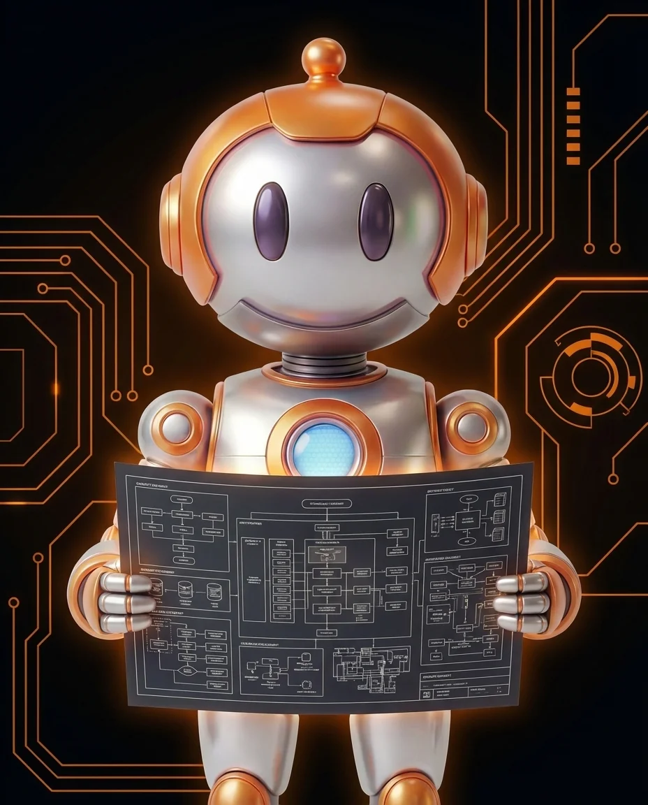 Robot präsentiert technisches Konzept-Dokument für Pflichtenheft-Erklärung