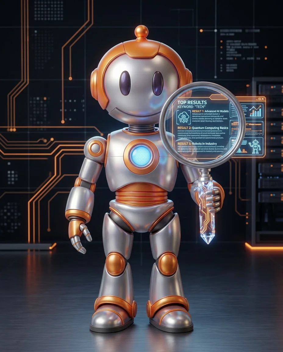 Robot zeigt auf ein Pillar-Cluster-Diagramm mit Hauptartikel und verlinkten Unterartikeln