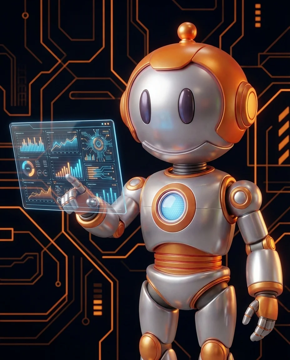 Robot zeigt auf schwebende Popup-Fenster über Website-Inhalt