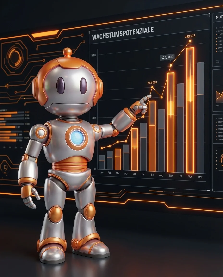 Robot analysiert Wachstumspotenziale auf Balkendiagramm für digitale Optimierung