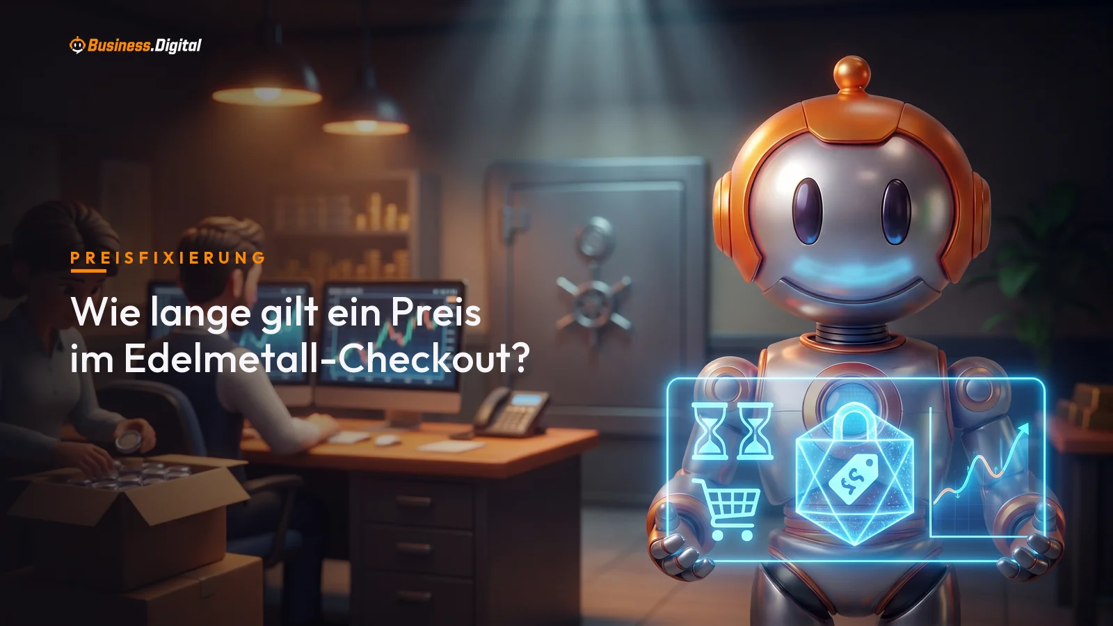 Roboter friert mit Sanduhr den Preis im Edelmetall-Checkout gegen Kursschwankungen ein