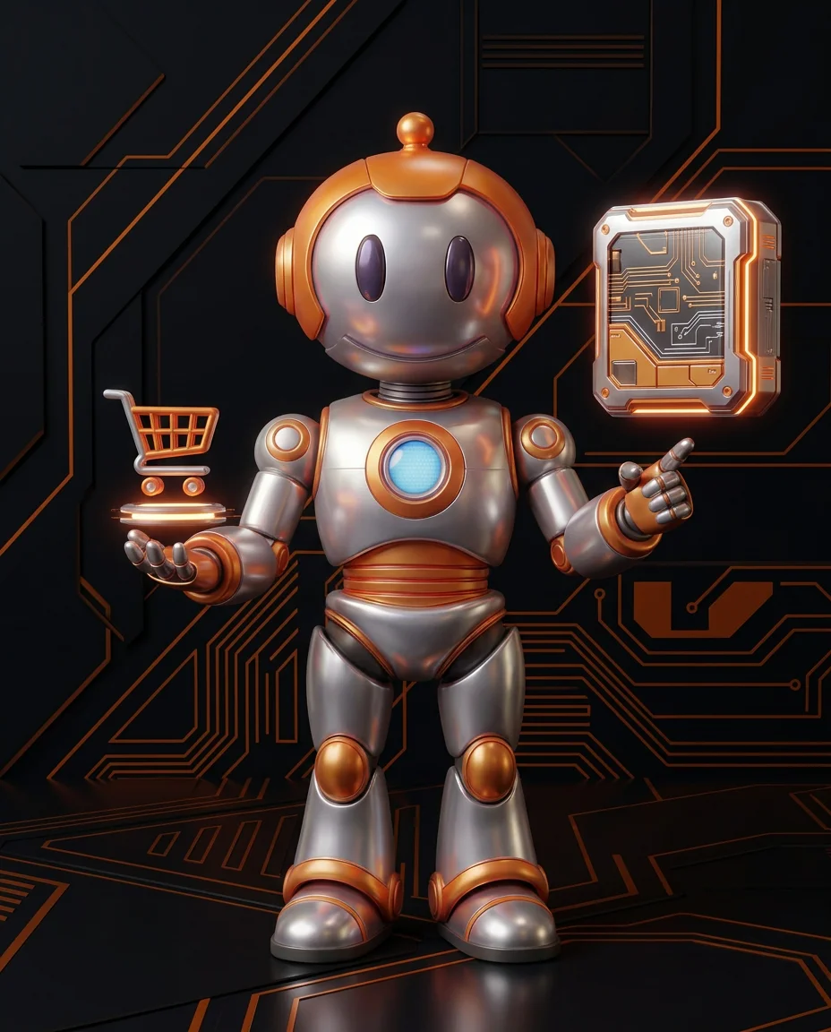 Robot hält Balkendiagramm mit Preisvergleich verschiedener Shops für dasselbe Produkt