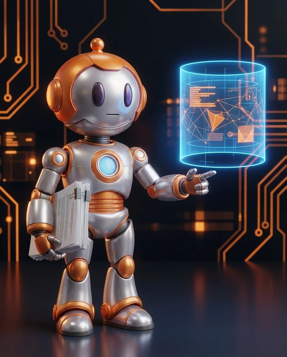 Robot hält Stapel Dokumente mit Proforma-Beschriftung und Zollsymbol