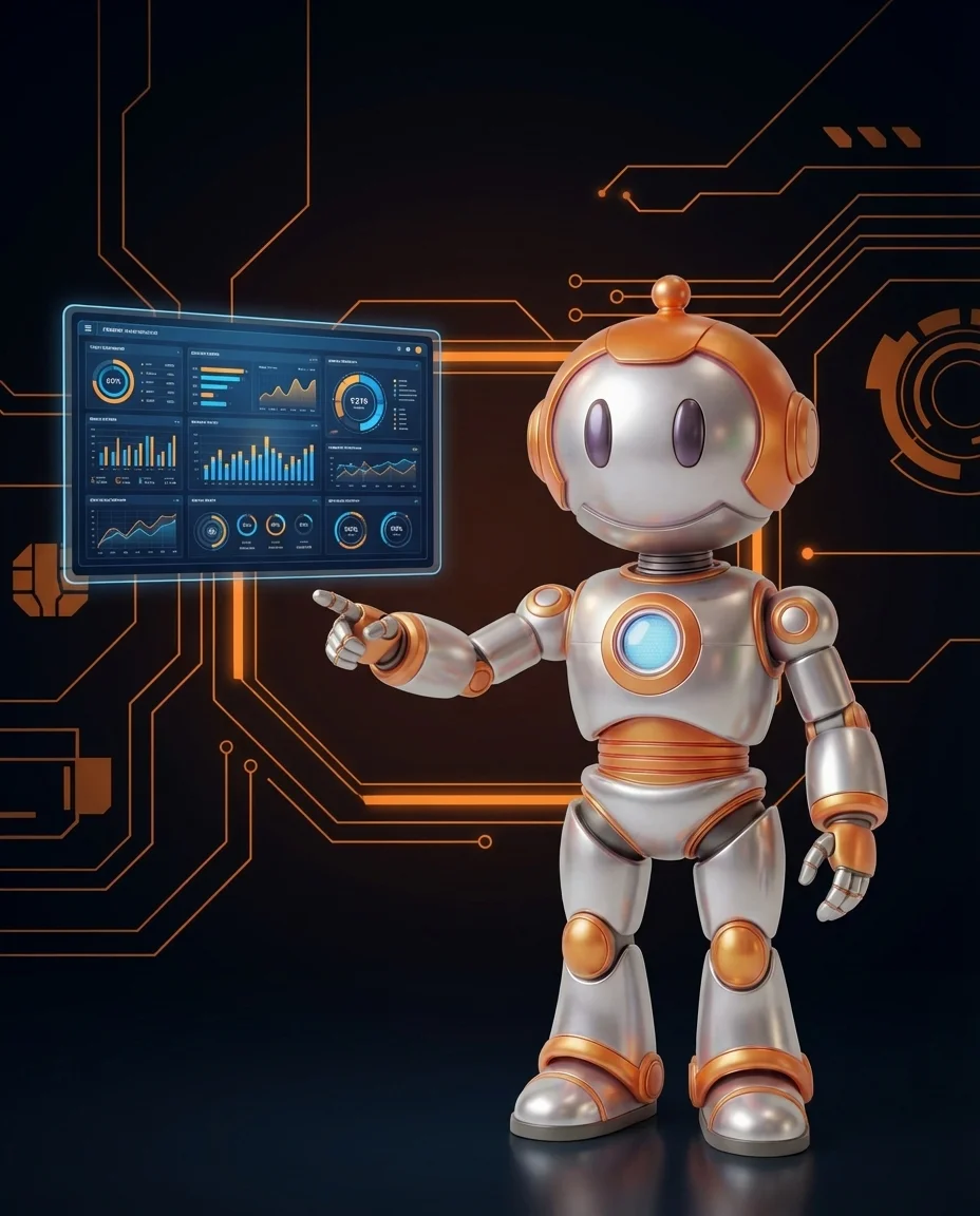 Robot zeigt auf aufsteigende Stufen von einfacher zu komplexer Website-Darstellung