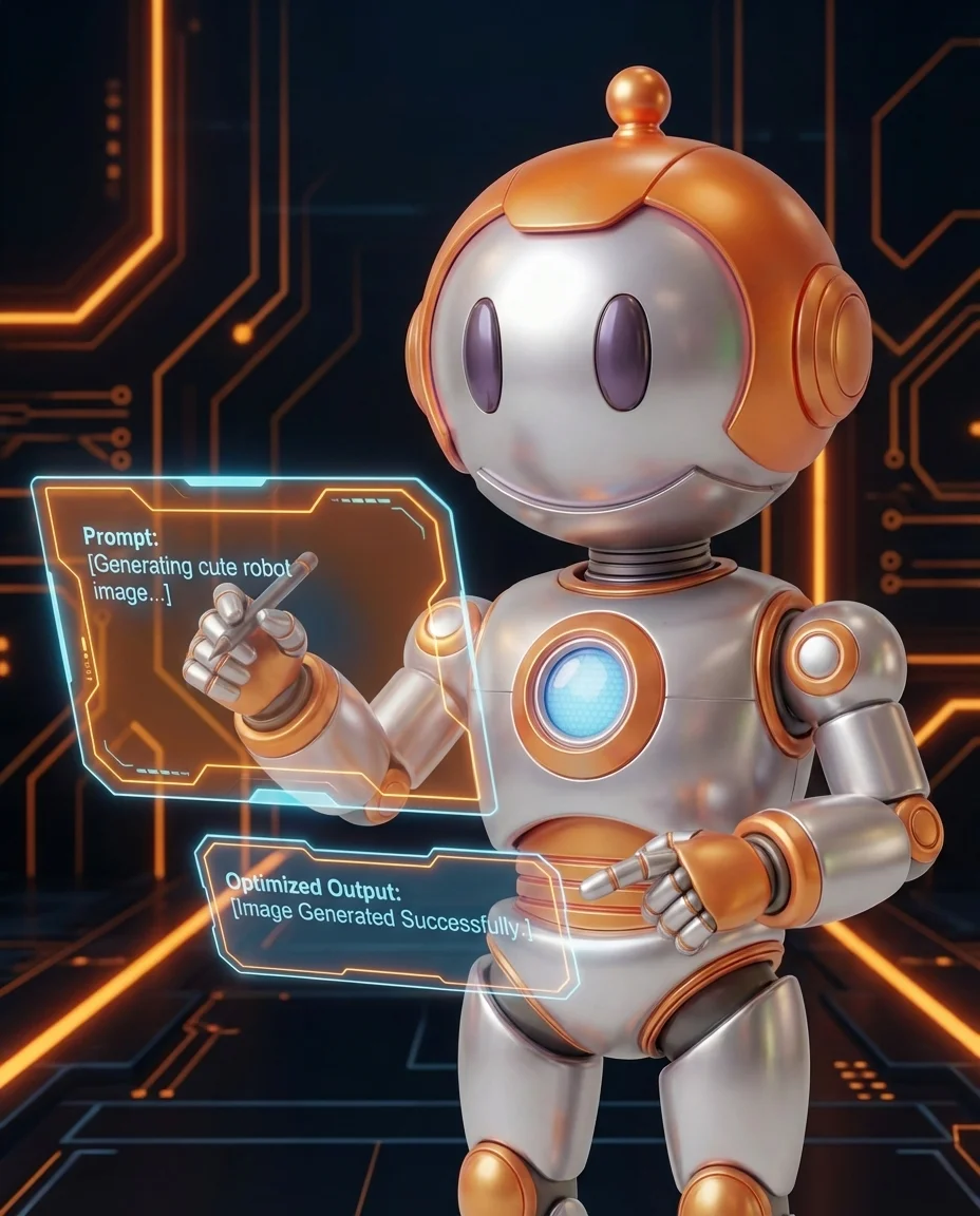 Roboter schreibt präzisen Prompt an KI-System auf großem Bildschirm