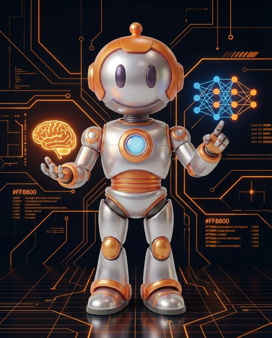 Robot zeigt auf Tafel mit Vorlagen-Struktur und Platzhaltern für variable Daten