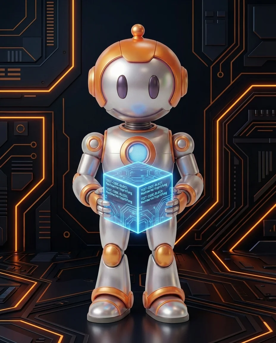 Robot hält leuchtenden Code-Block als Symbol für Proof of Concept