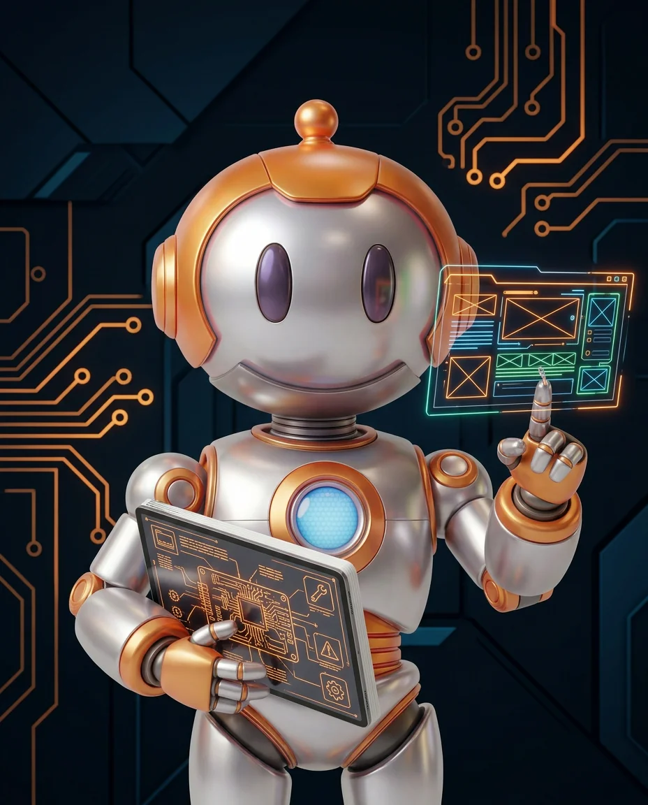 Robot hält klickbares Smartphone-Modell mit navigierbarem Website-Prototyp