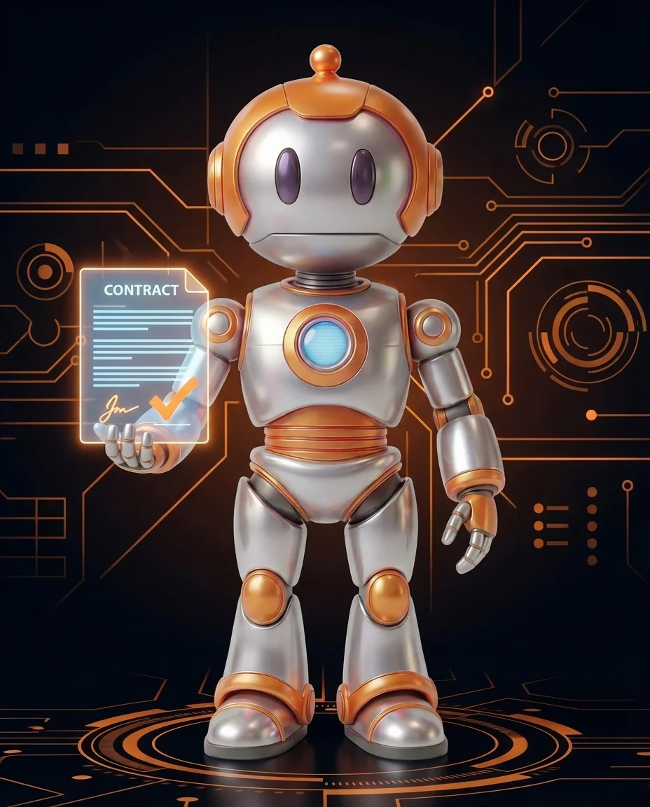 Roboter hält Vertragsdokument mit Quellcode-Rechten für Softwareprojekt