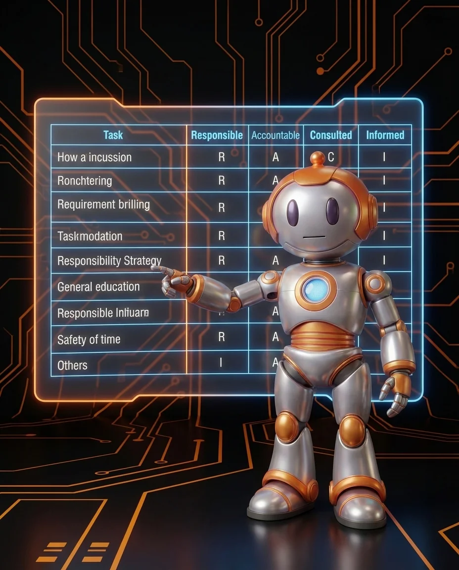 Robot zeigt auf RACI-Tabelle mit Verantwortlichkeitsmatrix für Projekte