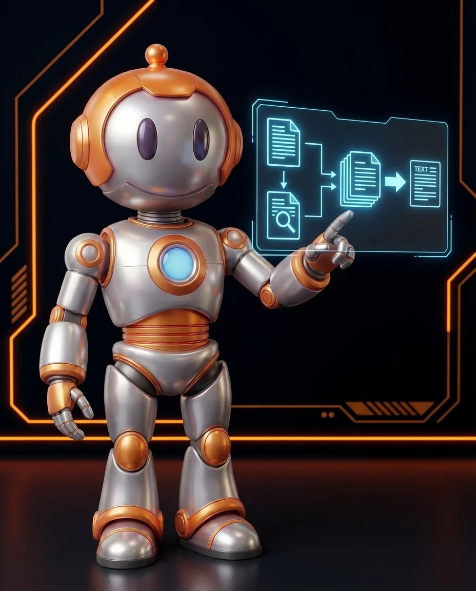 Roboter erklärt RAG-Technologie mit Datenbankabfrage und KI-Verarbeitung