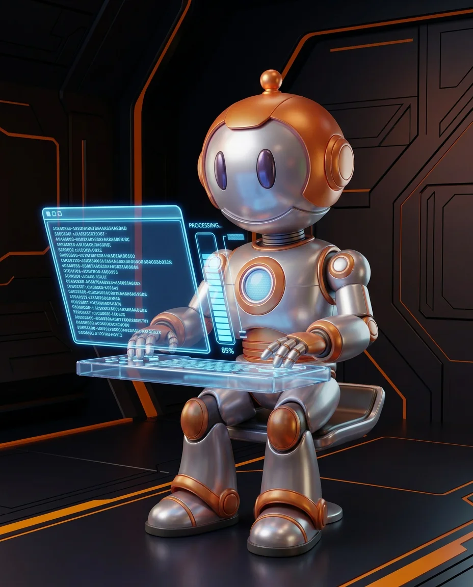 Robot tippt auf Tastatur mit hierarchischem Rollendiagramm und Schlüsselsymbolen