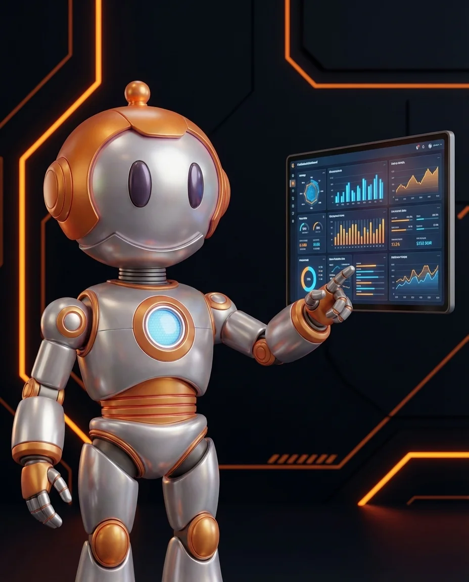 Robot zeigt auf einen klar strukturierten Text mit Lesbarkeitshinweisen