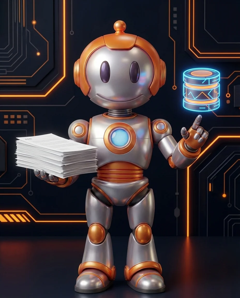 Robot hält Datenbankserver mit ausgehendem Briefsymbol als Rechnungsausgang