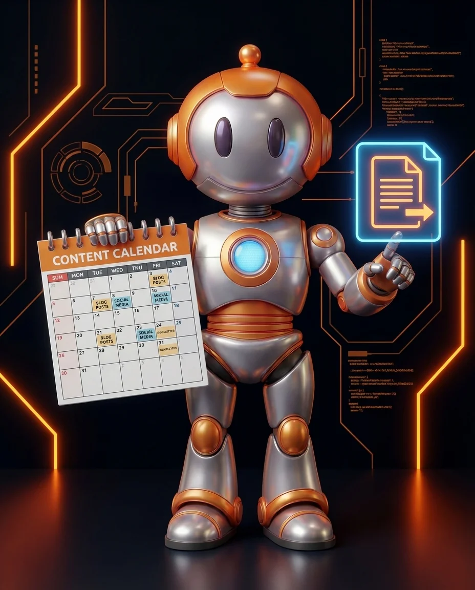 Robot zeigt auf einen Content-Kalender mit Redaktionsplan