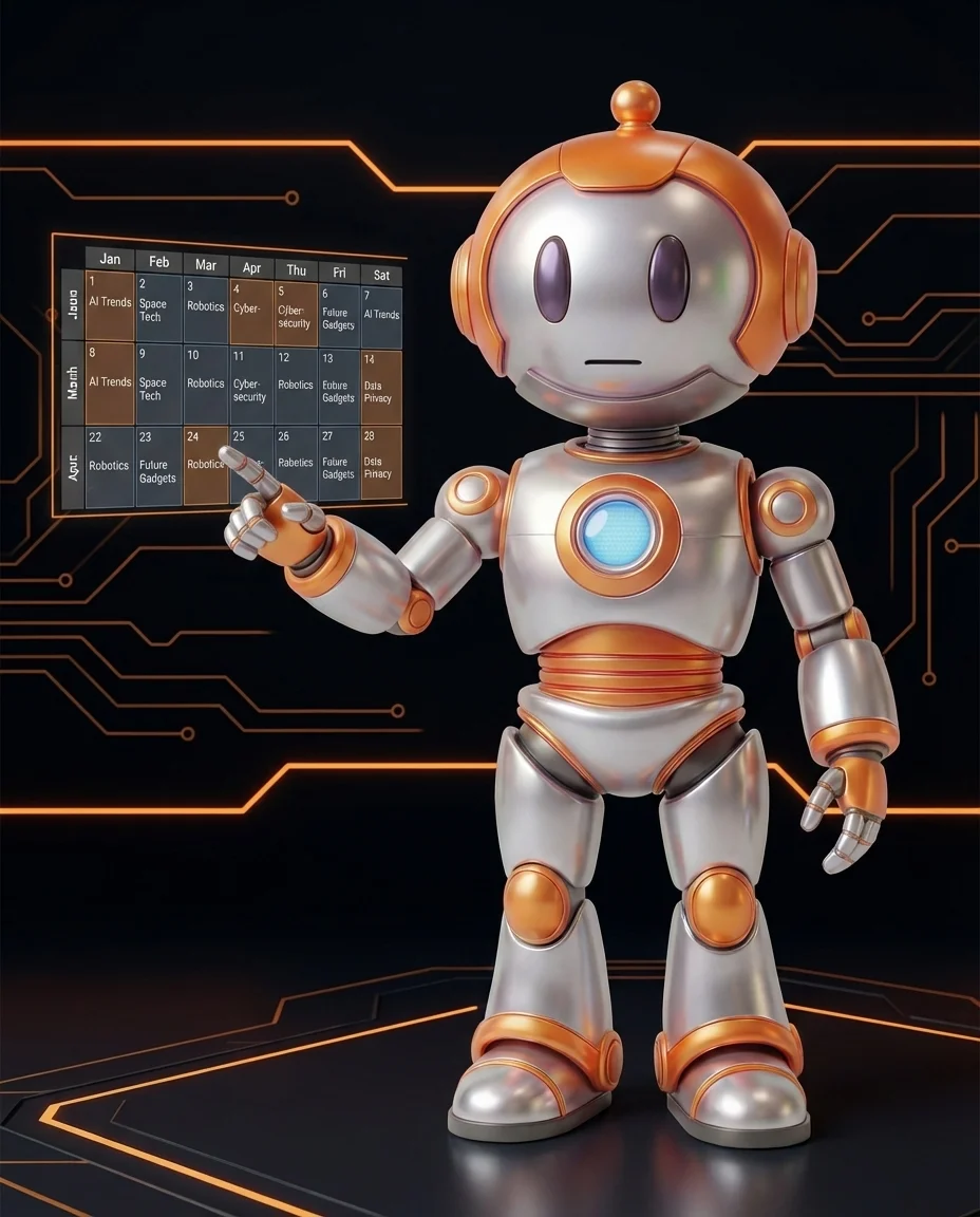 Roboter erstellt Redaktionsplan mit Kalender und Content-Übersicht