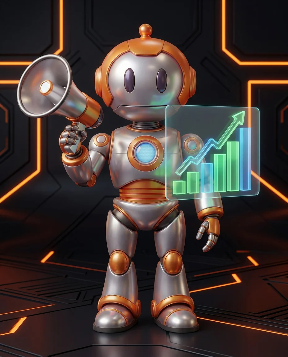 Robot hält Megaphon und zeigt auf Empfehlungssymbol mit Verbindungslinien