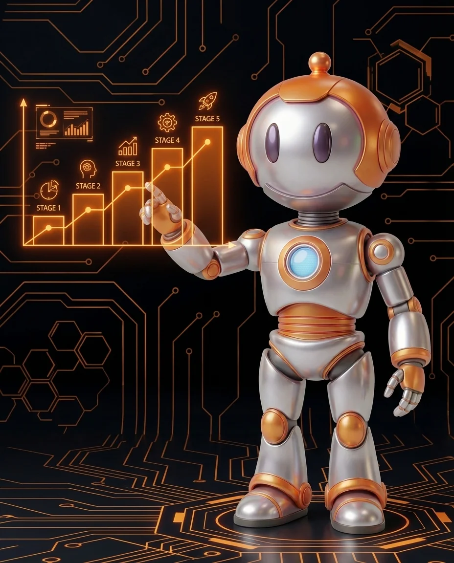 Robot zeigt auf Reifegrad-Stufendiagramm für digitale Transformation