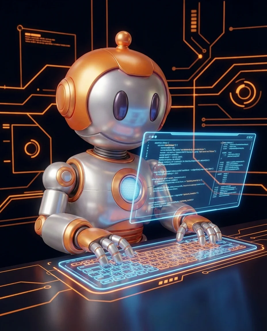 Robot zeigt auf Diagramm das Code-Input und Website-Output als Rendering darstellt