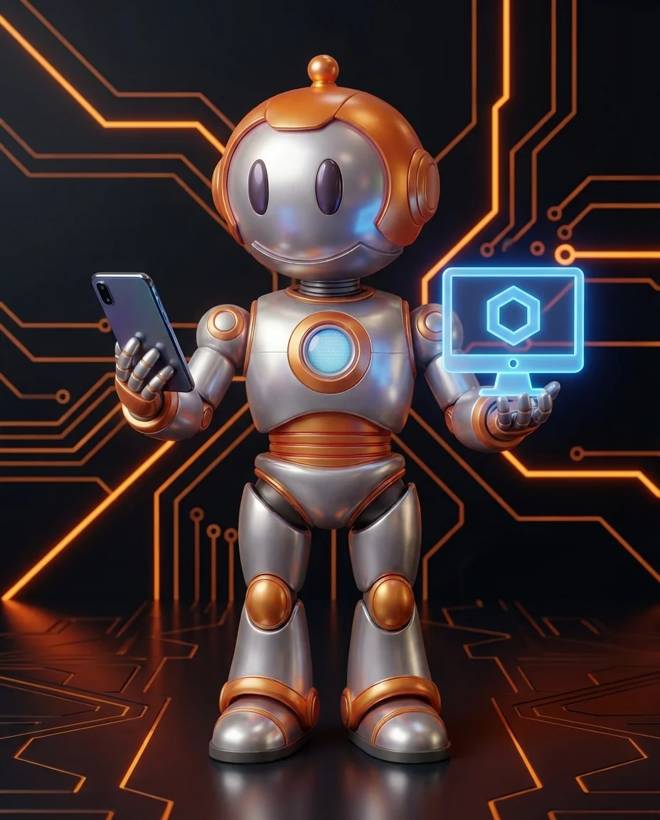 Robot hält Tablet mit Kennzahlen-Dashboard auf verschiedenen Gerätegrößen gleichzeitig