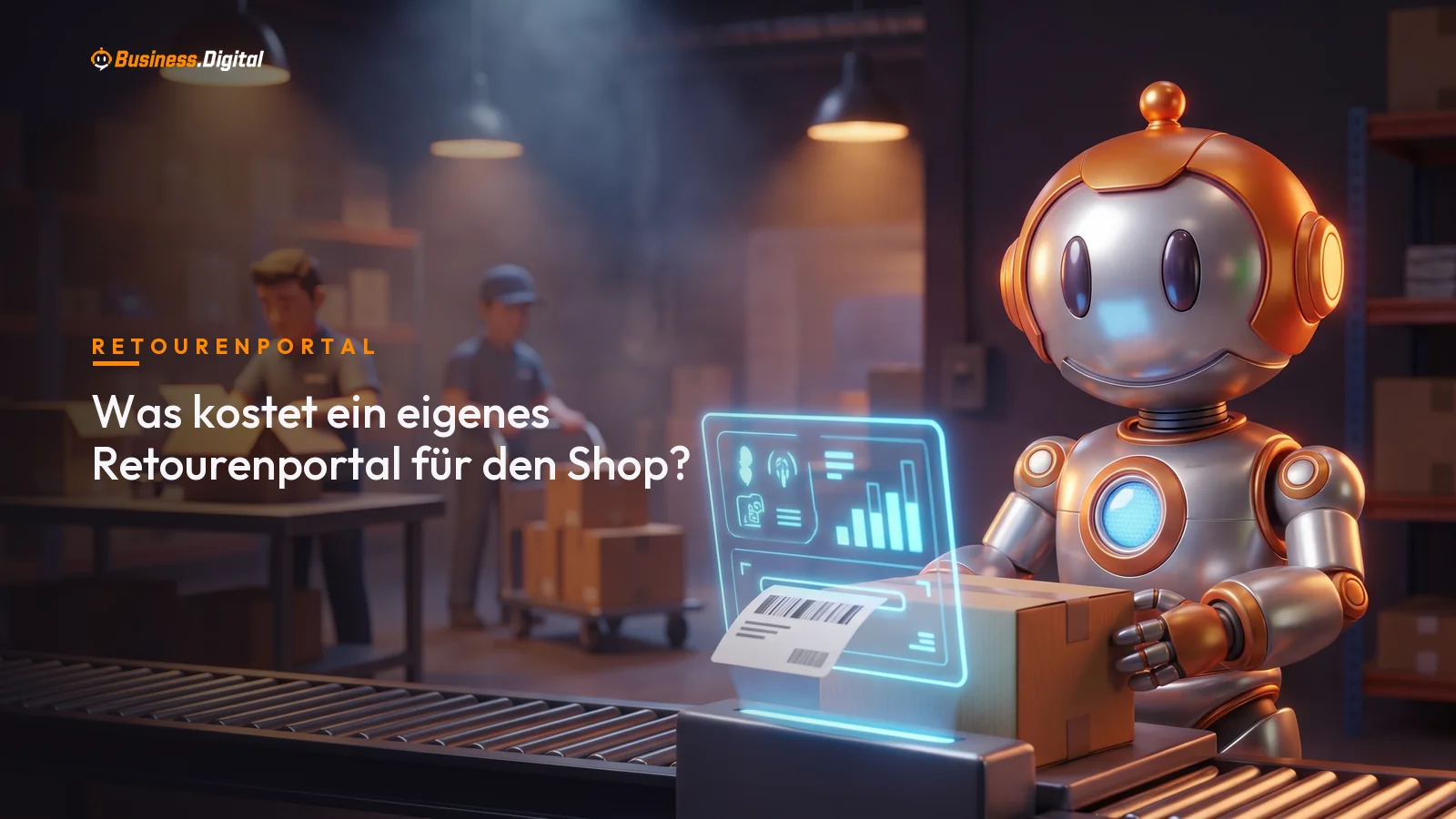 Roboter demonstriert ein Retourenportal mit Rücksendeanmeldung in der Retourenabteilung