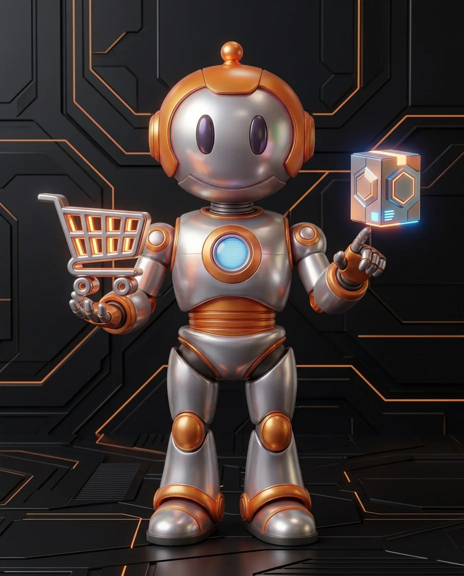 Robot hält Paket mit Rückpfeil und Balkendiagramm mit Retourenrate