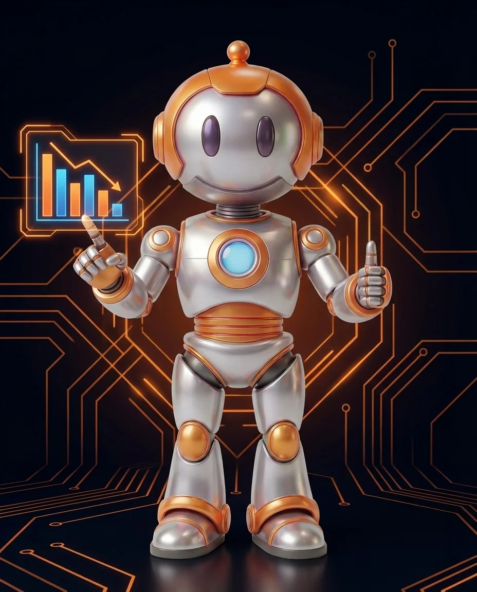 Roboter hält Produktbox und zeigt auf Maßnahmen zur Retourenquote senken