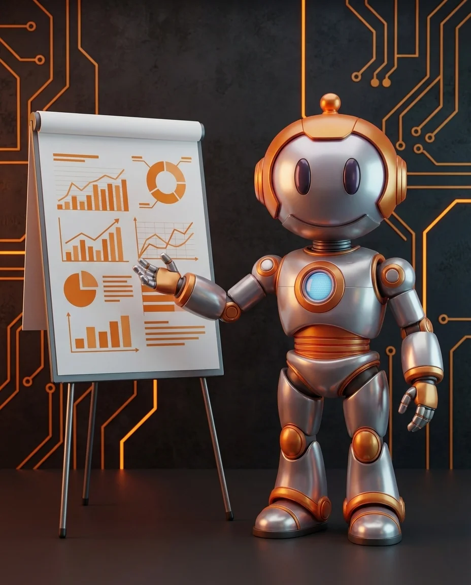 Robot diskutiert Verbesserungsvorschläge vor Flipchart in Retrospektiven-Meeting