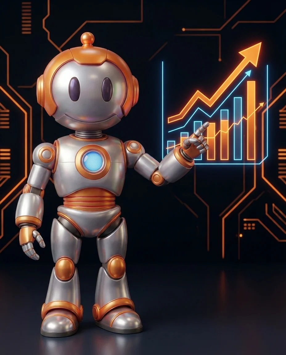 Robot zeigt auf Balkendiagramm mit positivem ROI für digitale Investitionen