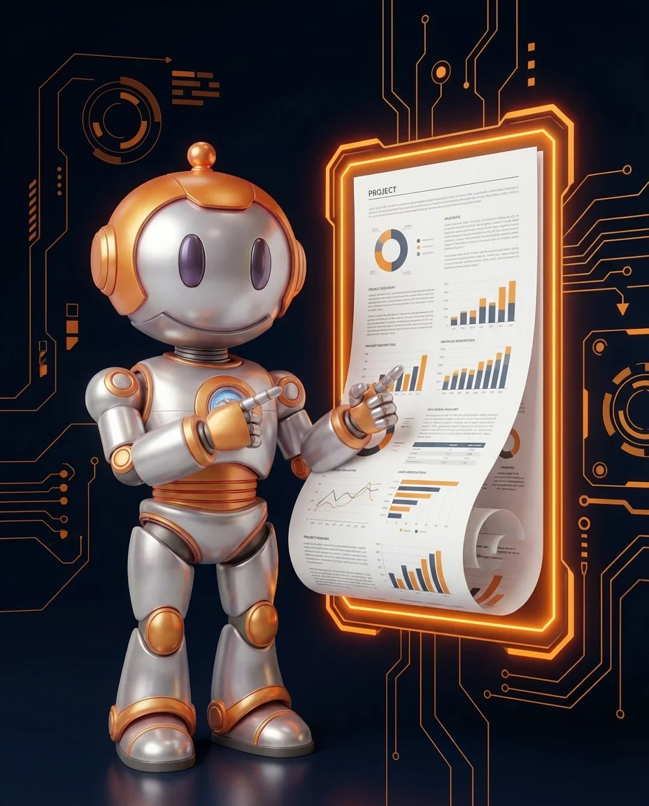 Robot zeigt auf wachsendes Projekt-Dokument als Symbol für Scope Creep