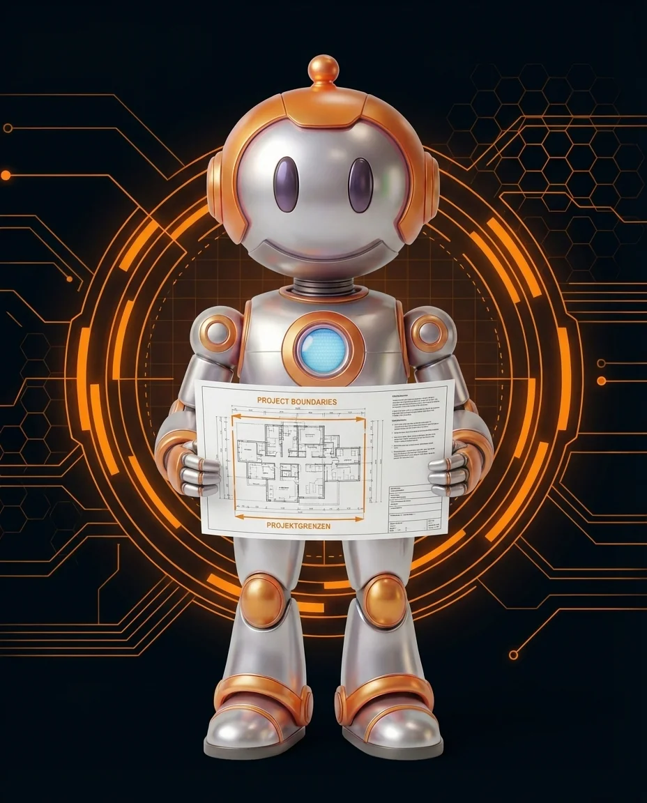 Robot hält Clipboard mit Projektumfang-Dokumentation für Scope-Definition