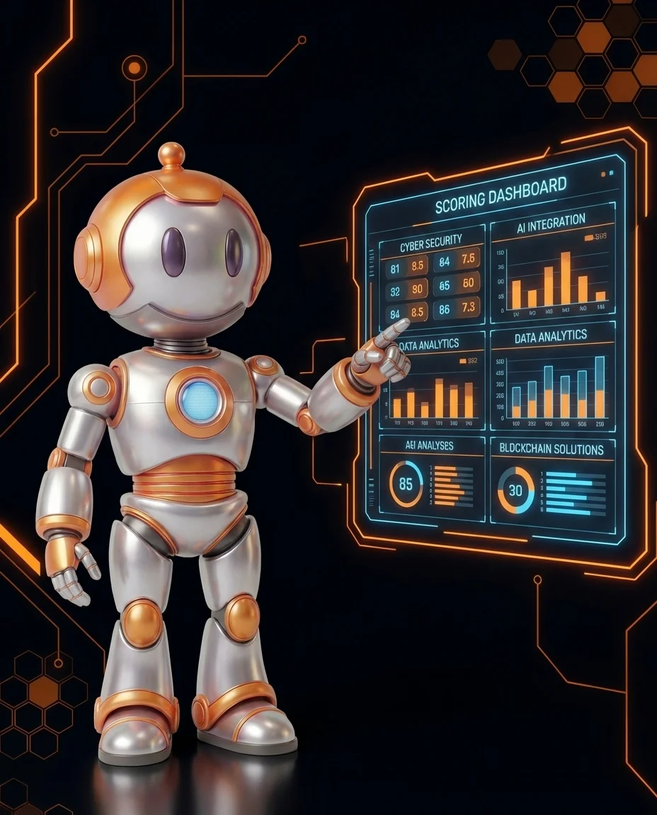 Robot zeigt auf Scoring-Dashboard mit Punktzahlen für digitale Bereiche