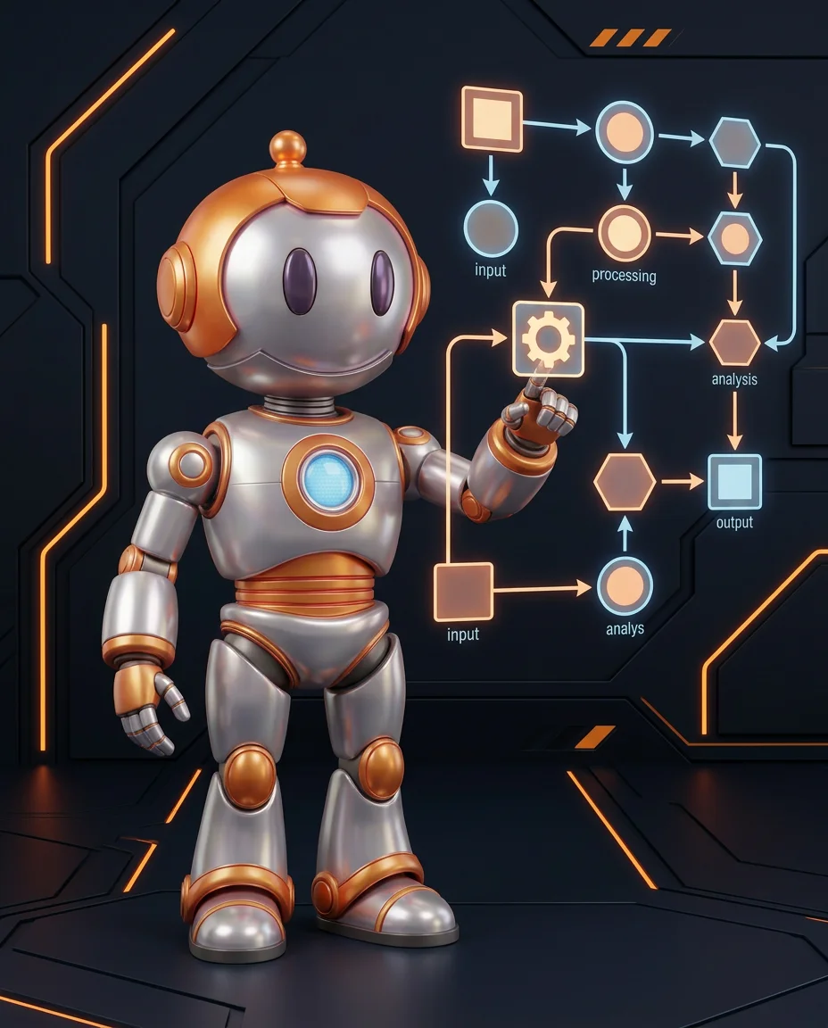 Robot zeigt auf Scroll-Pfeil der Animation-Elemente auf einer Website aktiviert