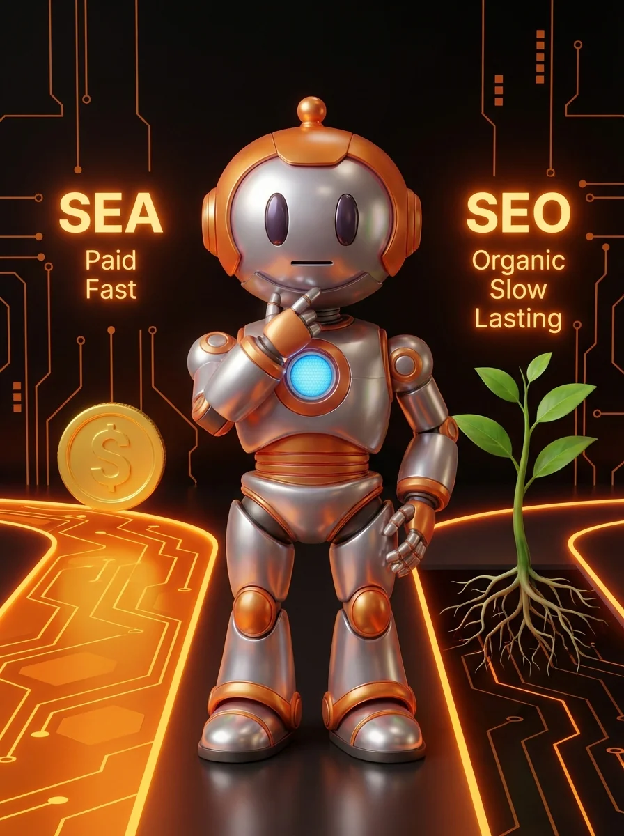 BD-Roboter vergleicht SEA und SEO als zwei unterschiedliche Wege zu Google-Sichtbarkeit