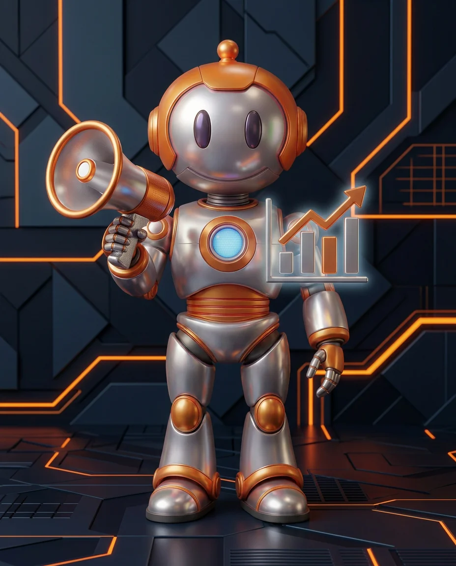 Robot zeigt auf ein Kreisdiagramm mit verschiedenen Kundensegmenten