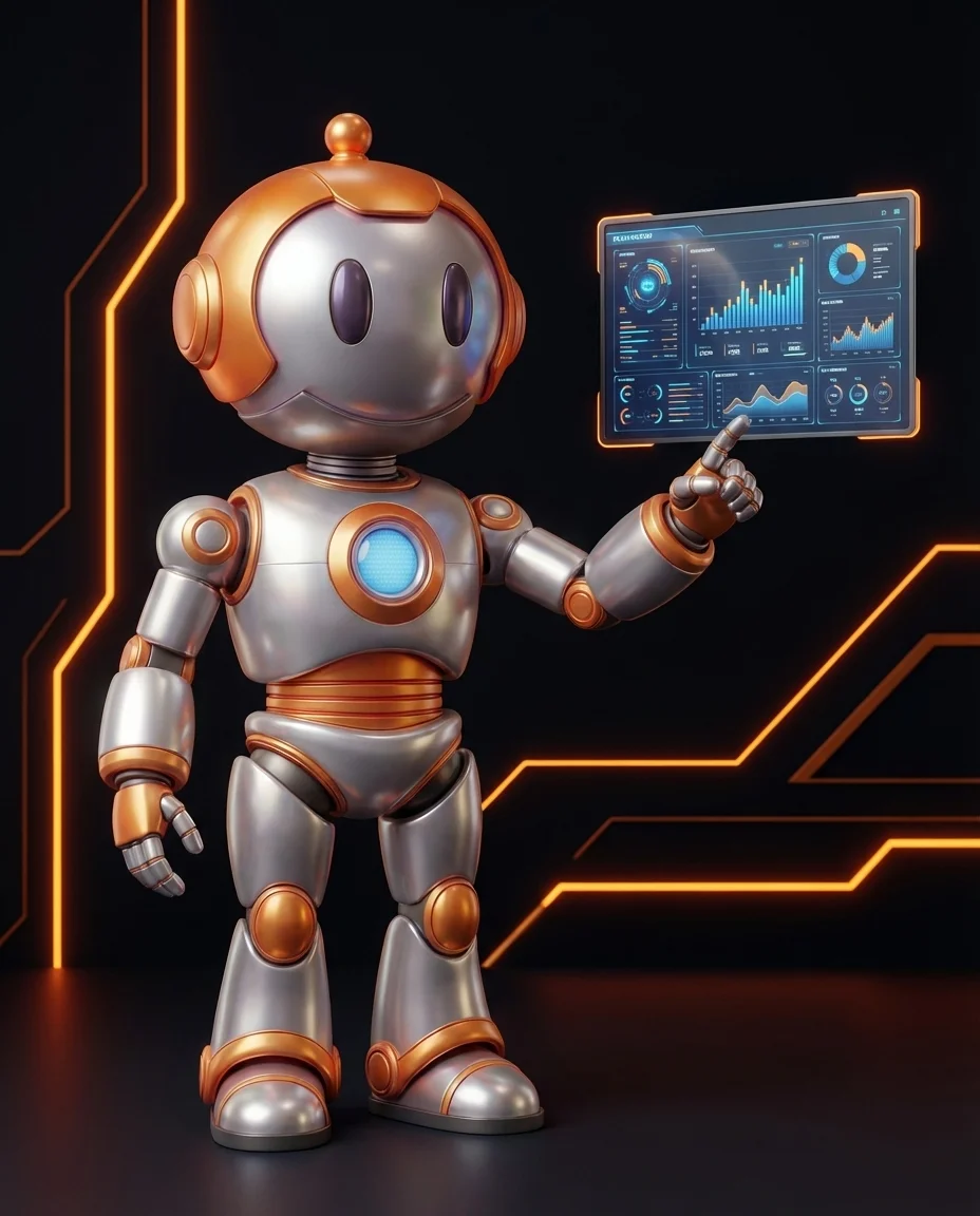 Robot zeigt auf HTML-Code mit markierten semantischen Elementen wie header und main