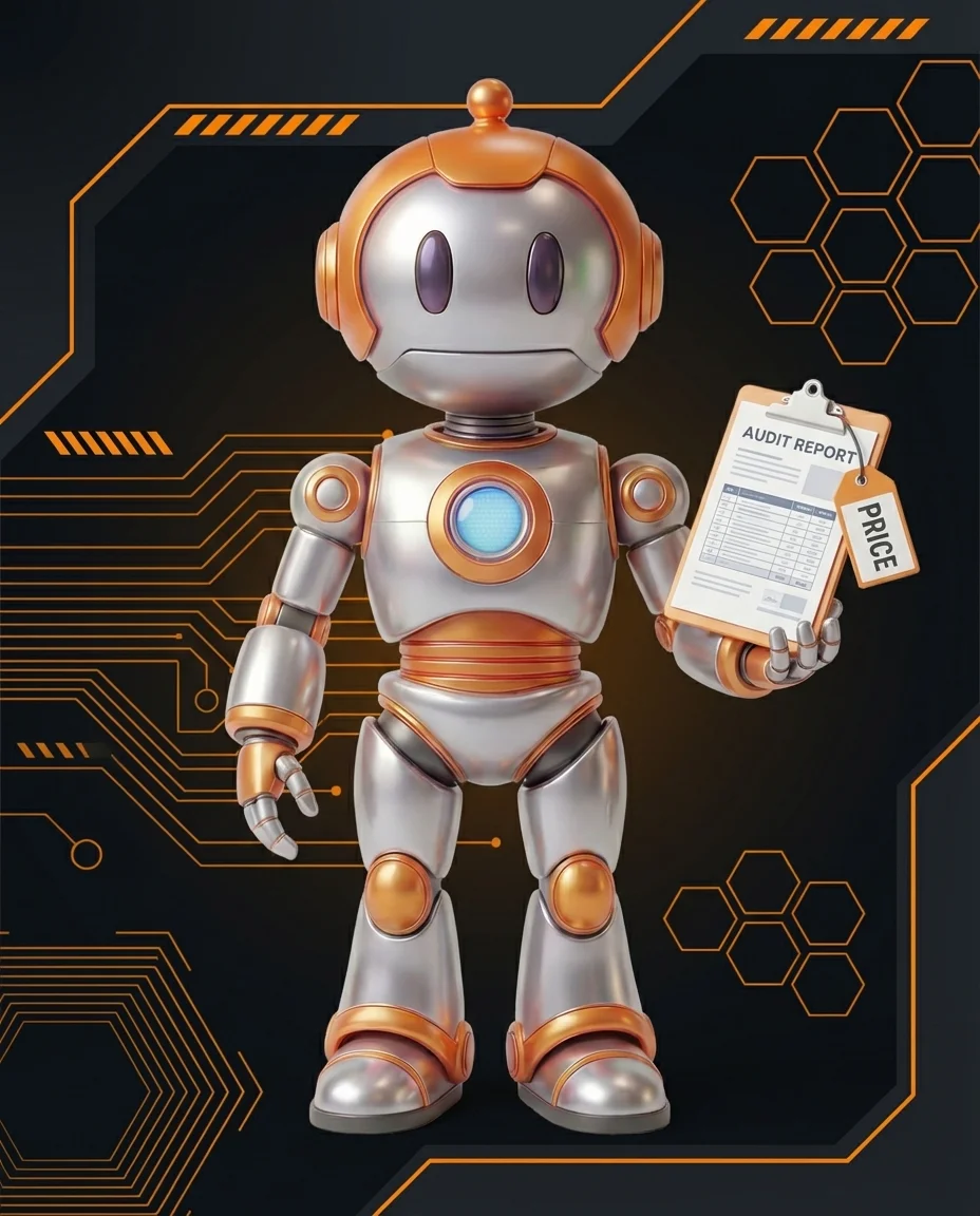 Roboter hält SEO-Audit-Bericht mit Preiskalkulation